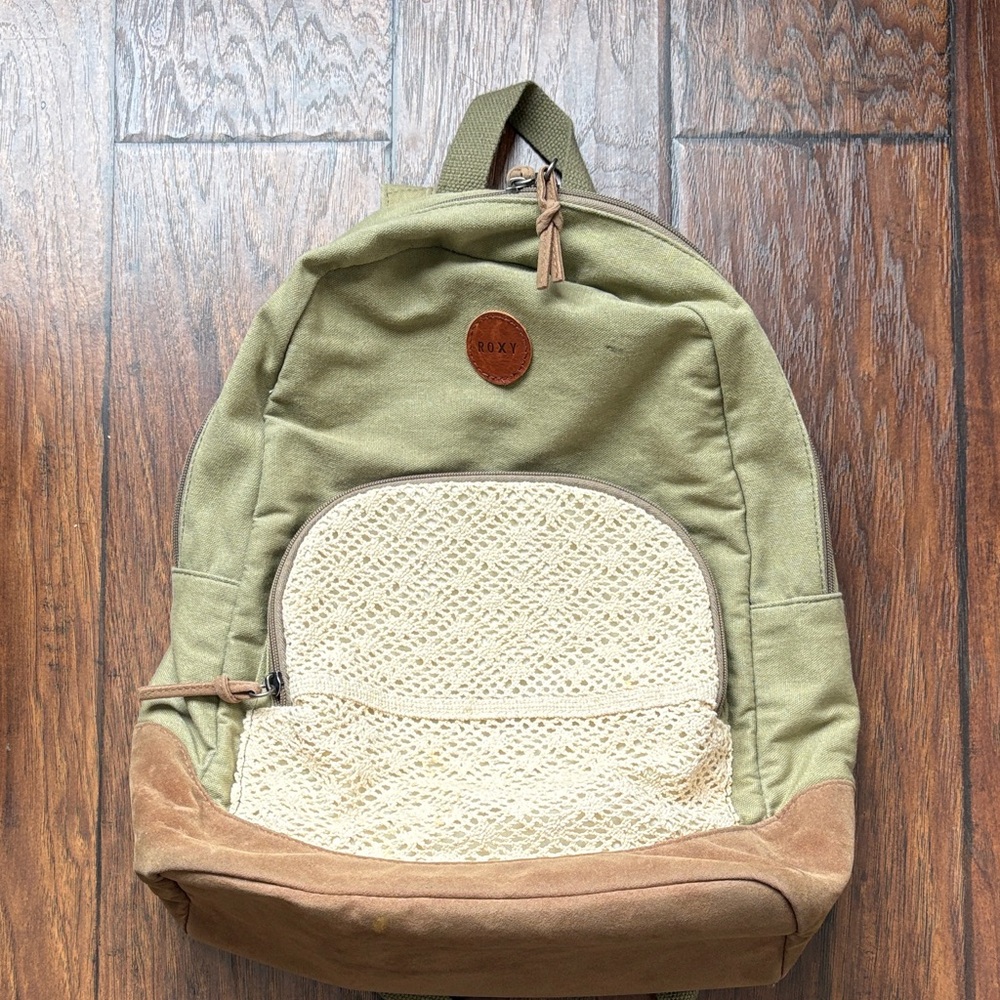 Roxy Olive and Beige Backpack with Crochet Accent